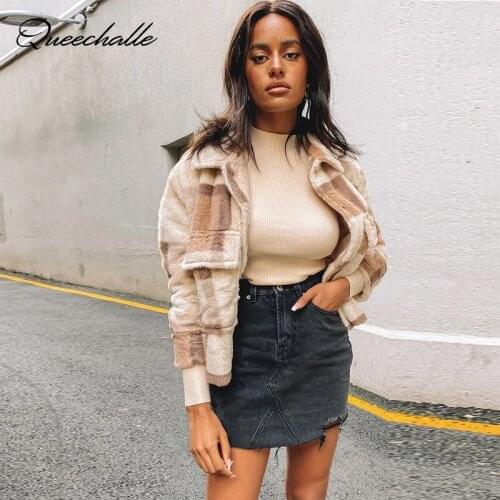 Khaki Plaid Coat Fleece Sweatshirts Cardigan Autumn Winter Short Wool Coat Women Turn-down Collar Warm Thick Jacket Overcoat