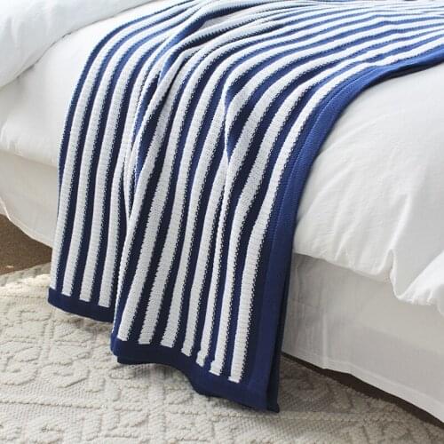 Nordic Style Summer Cotton Air-conditioning Blanket Navy Blue White Striped Nap Blanket Soft Comfortable Knitted Woolen Blanket
