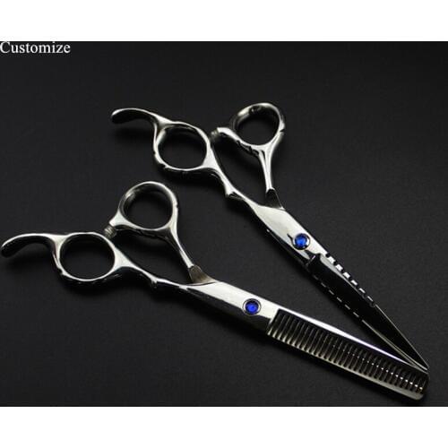 Customize logo japan steel 6 '' blue gem hair salon scissors cutting barber makas haircut Thinning shears hairdressing scissors