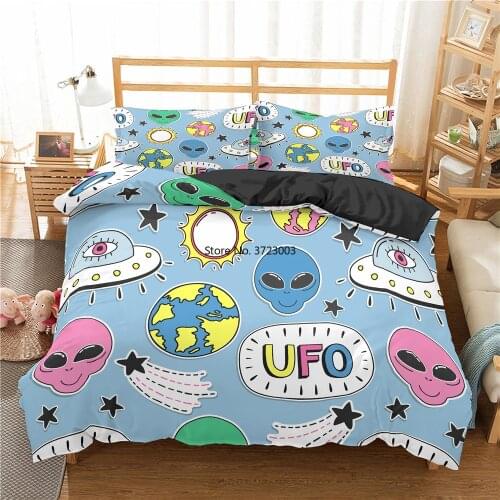 Cartoon Alien Spaceship Planet Design Bedding Set Creative Children Bedroom Duvet Cover Pillowcase 2/3 Pieces