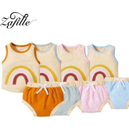 ZAFILLE Rainbow Baby Girl Clothes Orange Print Sleeveless Top+Shorts 2pcs Child Suit Costume For Baby Girl Outfits
