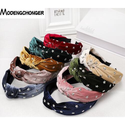 Fashion Cloth Headbands Korean Style Simple Solid Color Woman Drilling Stars Knotted Wide Side Velvet Hairbands Hair Accessories