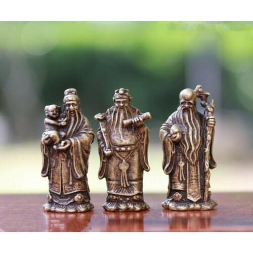 4 CM China Copper Bronze Fukurokuju Longevity God Fu Lu Shou Immortal Buddha Set
