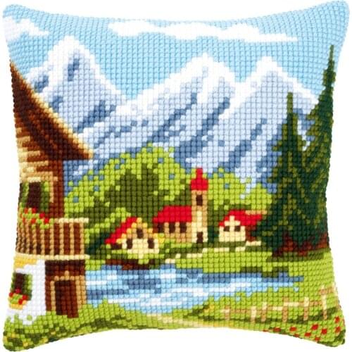 DIY Cross Stitch Cushion Cover Alpine Village Needlepoint Kits Printed Canvas Chunky Yarn Cross-stitch Pillow Case Arts & Crafts