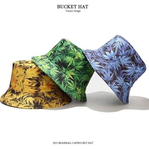 New Summer Bucket Hat Womens Maple Leaf Double-sided Panama Hemp Leaf Fisherman Hat Outdoor Sunscreen Sun Protection Cap Tide