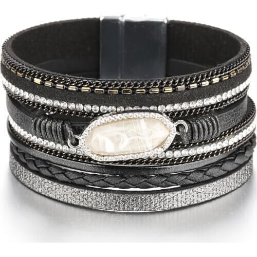 The latest handmade woven pearl geometric shape ladies charm leather bracelet fashion wrist band