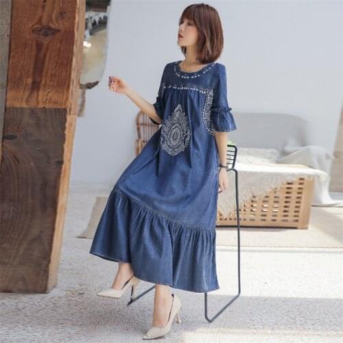 Autumn Loose Denim A-line Dress 2020 Vintage Womens Dress Female Patchwork Woman Dresses Half Sleeve Embroidery Vestidos QN2252