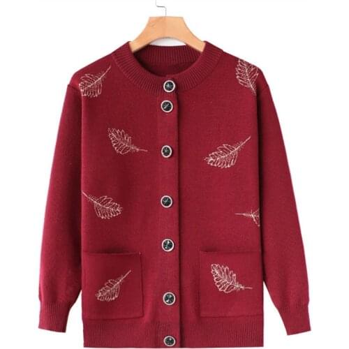 Autumn Sweater Coat Ladies Cardigan Jacket Middle-aged Mom Womens Sweater Wear Round Neck Single Breasted Knit Sweater Casual
