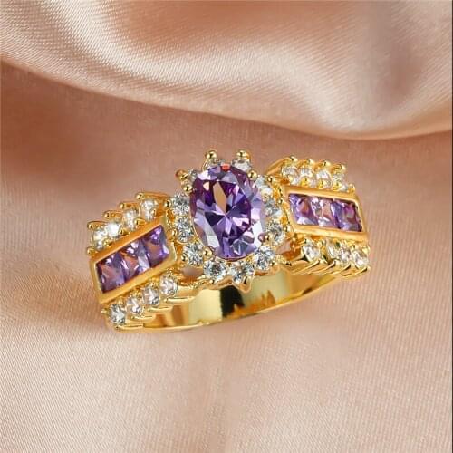 Luxury Female Purple Oval Crystal Ring Charm Gold Color Wedding Rings For Women Promise Love Flower Engagement Ring