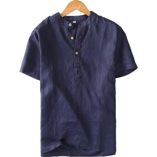 Pullover Shirts for Men Short Sleeve Linen Tops Summer Casual Turn-down Collar Japanese Fashion Vintage Designer Clothing