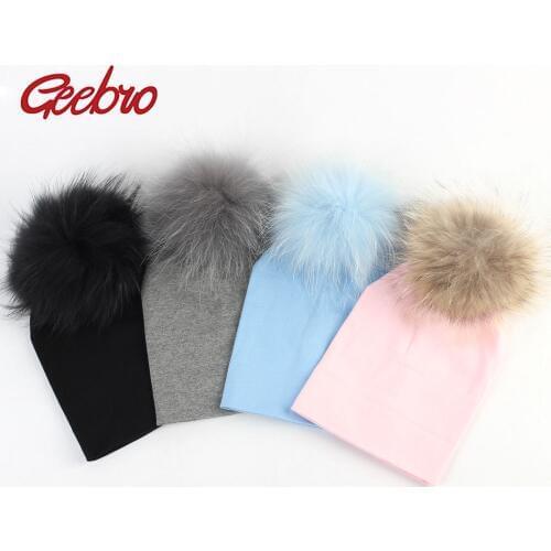 Geebro Newborn Baby Cotton Beanies Hats With Real Fur Raccoon Pompom For Girls Boys Kids Warm Plain Cotton Skullies Beanie Hat