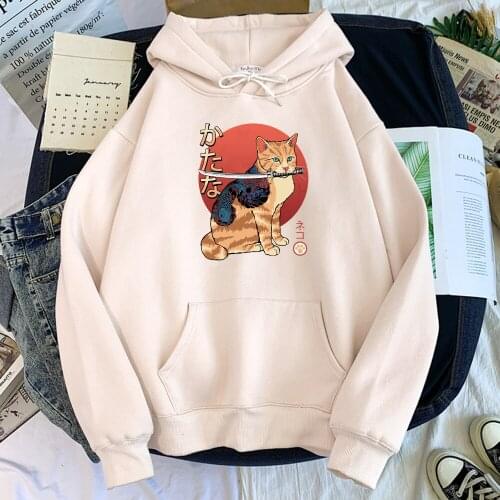 Females Hoodie Samurai Cat With Fish Tattoo Print Sweatshirt Womens Oversize Soft Loose Moletom Japanese Harajukua Pullover Tops