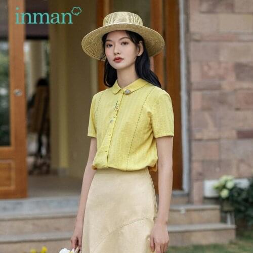 INMAN Artsy Style Tops Summer Pretty Dobby Cute Flower Embroidery Design Sweet Turn Down Collar Lady Short Sleeve Blouse Shirt