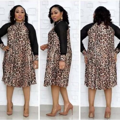 Leopard Print A-Line Dress African Women Mesh Long Sleeve Patchwork Knee Length Dress Africa Clothing Autumn wedding plus size
