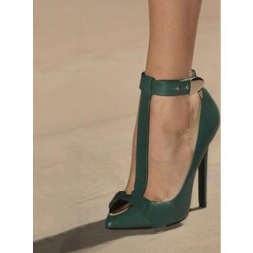 Green Leather T strap Pumps Stiletto Heel Metal Decoration Ankle Buckle Strap Shoes Pointed Toe Pump Women Dress Shoes Big Size