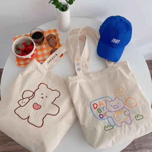 Yeqofcd Cute Bear Embroidery Womens Shoulder Bag Large Capacity Cloth Handbag Canvas Bags Versatile Student Casual Tote