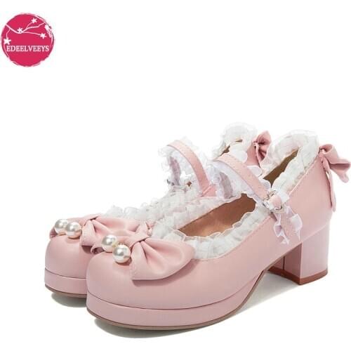 Big Size Lolita Girls Candy Color Comfortable Mary Janes Shoes Bowtie Lace Ruffles Platform High Heel Cosplay Women Pumps Autumn