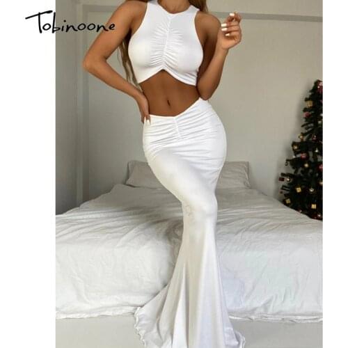 Tobinoone Solid Pleated Crop Top And Long Skirt Two Piece Set Women O Neck Sleeveless Bodycon Sets Summer Sexy Party 2 Piece Set