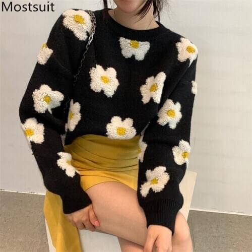 Poached Eggs Flocking Sweet Korean Pullover Sweater Women Long Sleeve O-neck Fashion Elegant Ladies Jumpers Femme 2020 Winter