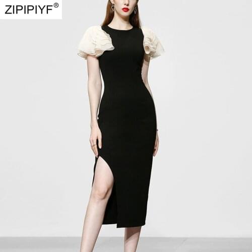 2021 Summer Runway Fashion O Neck Side Slit Short Batterfly Sleeve Color Block Mid Wasit Sexy Office Lady Black Dresses Z093