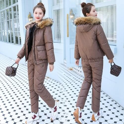 2021 Winter Clothes Women Cotton-Padded Down Hooded Parka Thick Warm Coat Jacket Suits Female Two Piece Leisure Trousers Set