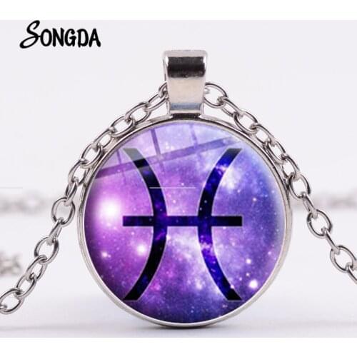 12 Constellation Magic Necklace Zodiac Sign Libra Scorpio Star Photo Glass Round Silver Plated Lucky Statement Necklaces