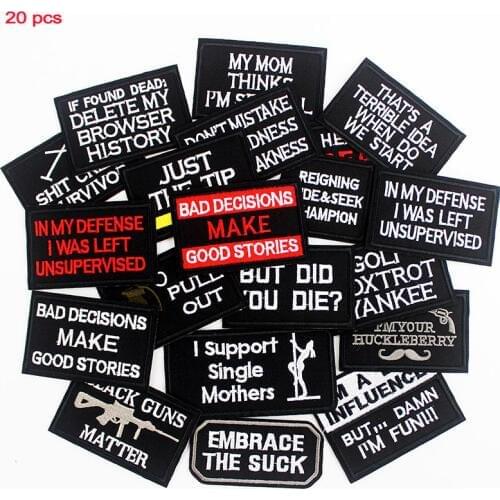 Black Saying Words Stripes Patches Ironing Embroidered Badges Hippie Stickers for cloth Jacket Jeans DIY Appliques 20 Pcs