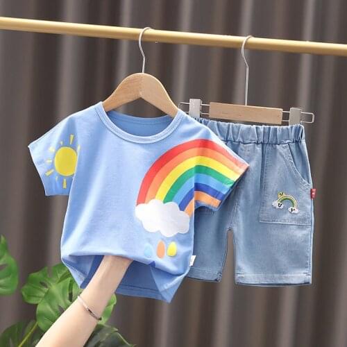 2021 New Baby Boys Cotton Clothes Set Summer Toddler Cartoon Rainbow T-Shirt Denim Short Pants 2pcs/set Suit Children Costume