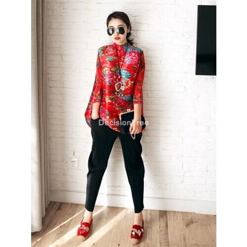 2021 pleated blouse women printing blouse shirt chinese style elegant shirt women tops stand collar qipao cheongsam blouse