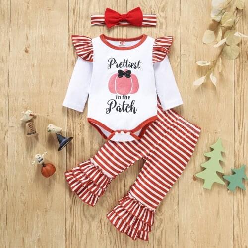 3Pcs Infant Girls Halloween Outfits Printed O-neck Romper Flared Stripe Trousers Bow-knot Headdress Baby Clothing