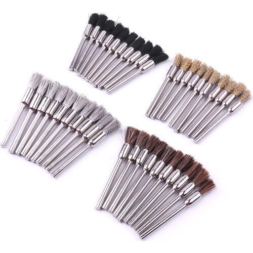 40pcs Wire Dust Remover 5mm Pen Brush for Dremel Rotary Polishing Grinder Carving Nylon Horsehair Brass Steel Wire