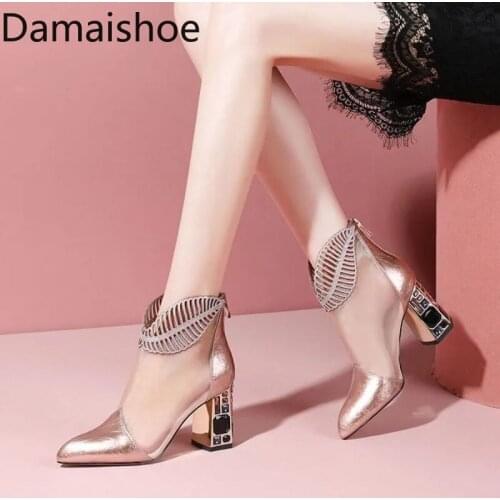 Mesh Sandal Boots Real Soft Leather High Heel Rhinestone Short Boots for Women All-Matching Ankle Boots Pointed Toe Chunky Heels