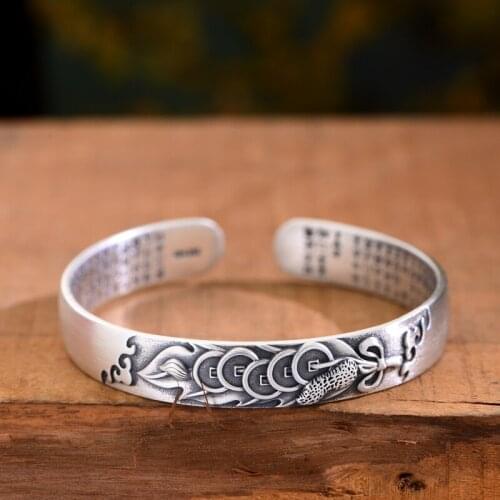 NewFive Emperor Money Transfer Heart Sutra Silver Bracelet Female Open Solid Vintage Couple Bracelet Silver Jewelry