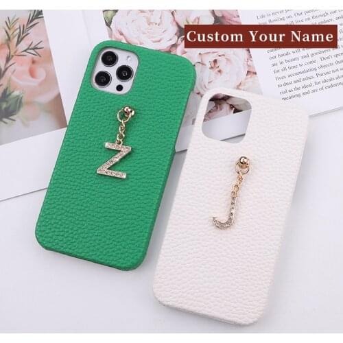 Personalise Name Cowhide Pebble Leather Phone Shell Case For iPhone11 12 Pro Mini Max X XR XS 7 8Plus Pendant Metal Letter Cover