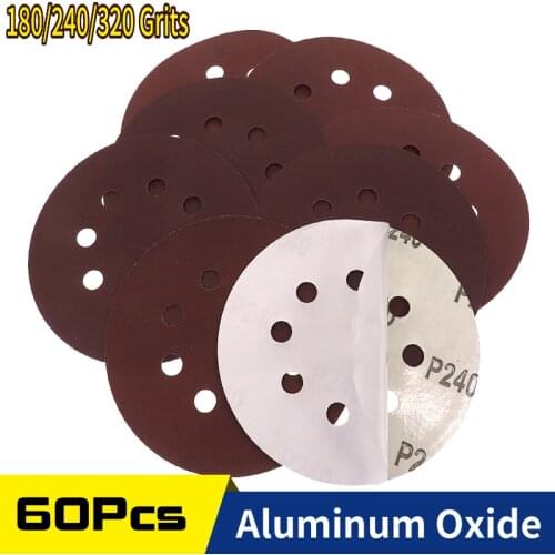 60 Pcs 5 Inch 125MM 8 Holes PSA Sticky Sanding Discs 180/240/320 Grits Self-Adhesive Sandpaper For Power Random Orbital Sander