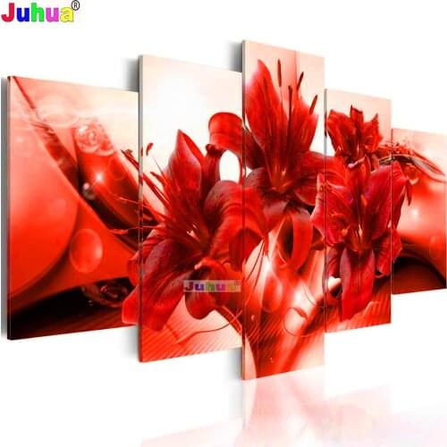 DIY Diamond Painting 5 Panel Lily Flower Mosaic Rhinestone Cross Stitch Full Square /Round 5D Floral Diamond Embroidery Home Art