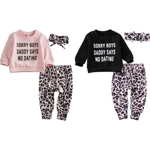 Newborn Baby Girl Fashion Clothes Sets Letter Printed Tops Leopard Print Pants Headband 3PCS Fashion Outfit Clothes 0-24M
