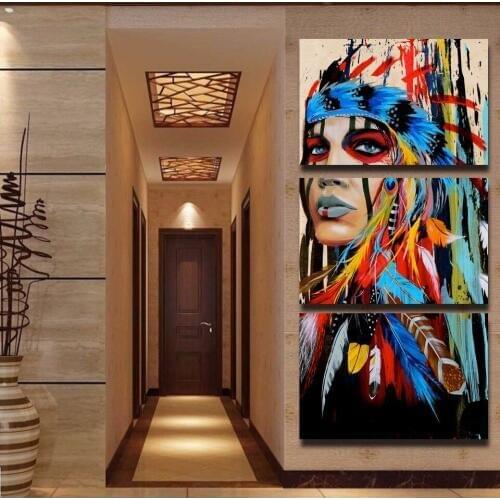 HD printed 3 piece canvas art The Indians feathered Painting wall pictures for living room canvas painting Free shipping