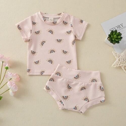 Lovely Newborn Baby Boys Girls 2pcs Suits Infant Clothes Sun Printed Short Sleeve Tops+High Waist Shorts Summer Casual Outwear