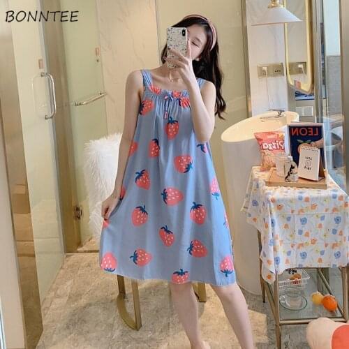 Nightgowns Women Summer Thin Sexy Sleeveless Japanese Basic Sweet Print Knee-length Nightdress Lovely Breathable Casual Daily