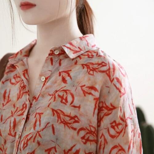 Spring new literature and art red long sleeve printed shirt 100% ramie loose and versatile blouse 0402