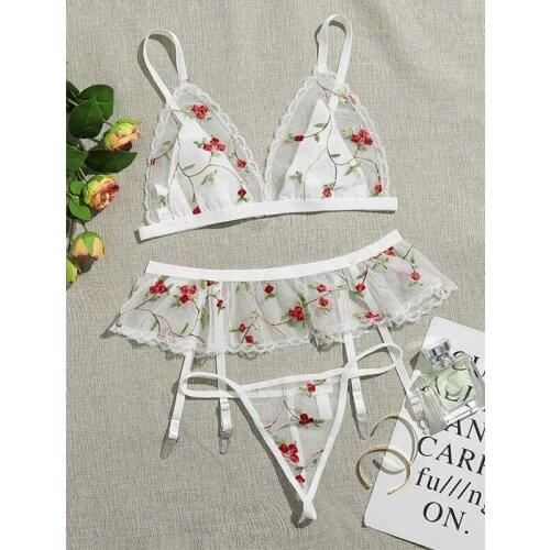 New Bra Set Intimate Womens Lingerie Transparent Bralette+Open Crotch Thong Embroidered Underwear set Sexy Mesh Erotic Lingerie