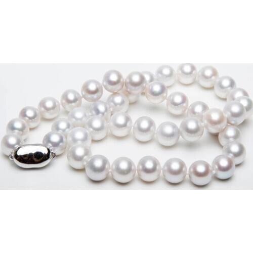 18" 10-10.6mm genuine natural freshwater white round pearl necklace 925silver