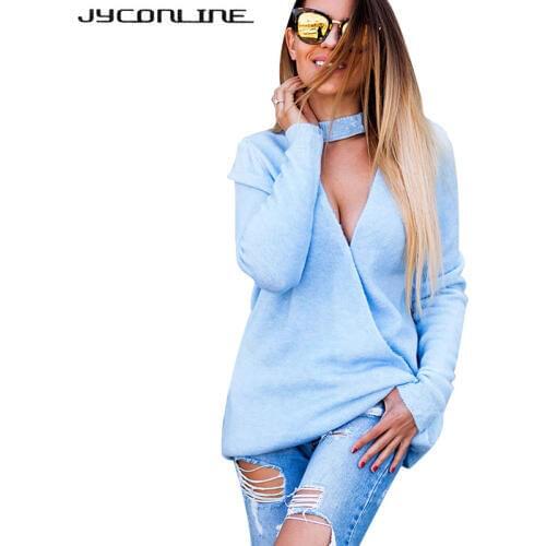 JYConline Sexy V Neck Cross Knitting Sweater Women Winter 2017 Long Sleeve Jumper Pullover Female Thin Knitwear Two Style Wear
