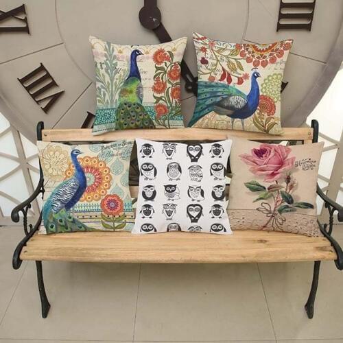45*45cm Multi Pattern Cushion Peacock Flower owl Cotton Linen Pillowcase Cushion Home Decor office Cushion