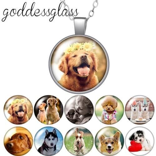 Cute Dog Lovely dogs pet pendant Round Glass glass cabochon silver plated/Crystal pendant necklace jewelry for Gift