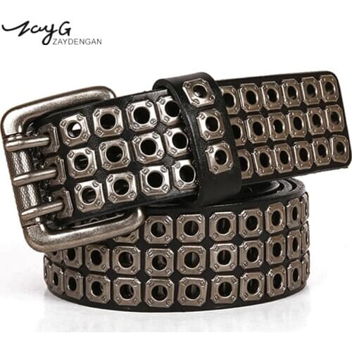 ZAYG Brand Heavy Metal belt for men and Women Genuine Leather Hip Hop rock Punk Belts Cowboy male Cross Rivet Jeans black belt