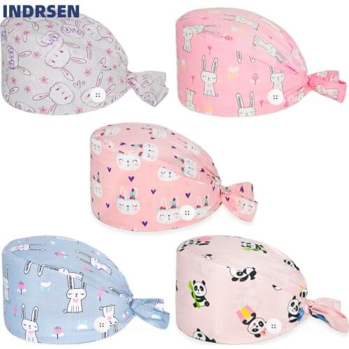 Nursing Hat Buttons 100% Cotton Rabbit Printing Adjustable Scrub Cap Beauty Salon Pet Shop Lab Working Accessories Scrubs Hats