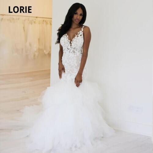 LORIE Vintage African Wedding Dresses V-Neck Appliques Lace Ruffles Plus Size Mermaid Bridal Gown suknia ślubna novia vestido