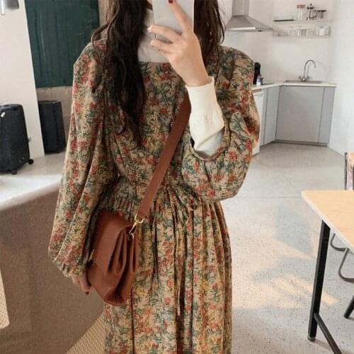HStar Vintage Square Collar Puff Sleeve Female Dress Spring Chic Floral Lace-up Women Long Dress 2020 Elegant Vestido